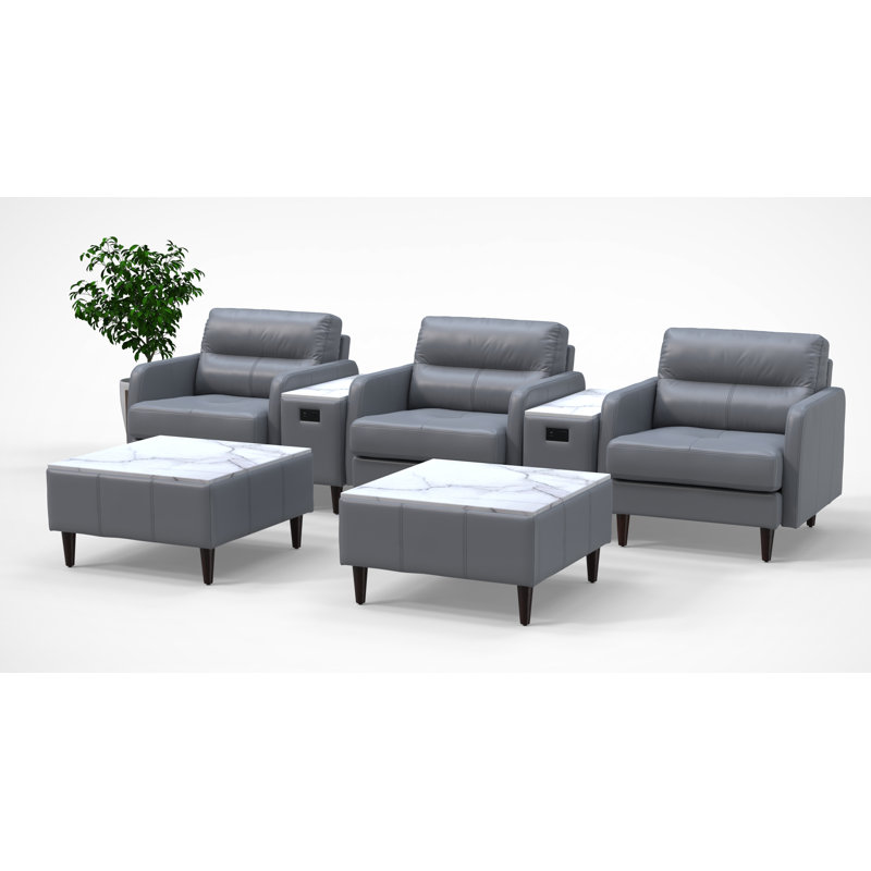 3 Person Waiting Room Reception Chairs with Charging Tables Set 100 Genuine Leather 7pc Set Color Gray Reunion